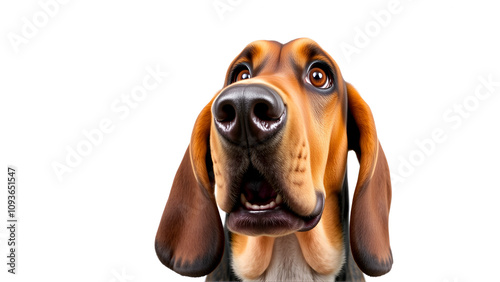 Silly bloodhound with a goofy expression on a white background