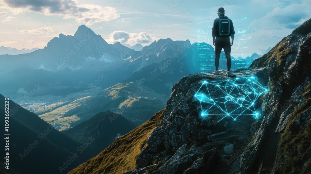 Person on mountain with digital network Person on mountain with digital network
