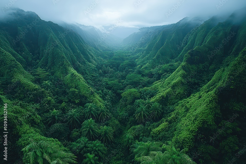 Lush Green Valley Surrounded by Foggy Mountains Lush Green Valley Surrounded by Foggy Mountains