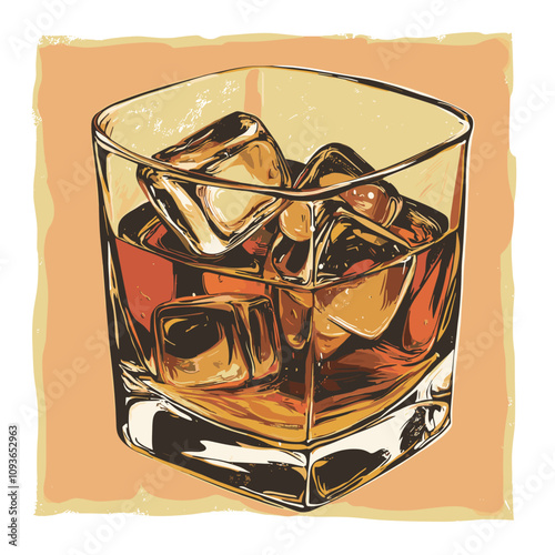 Glass of cold aged whiskey on the rocks ice cubes. vector clipart on a uniform colorful background. Hand drawn vector illustration. Vintage retro style