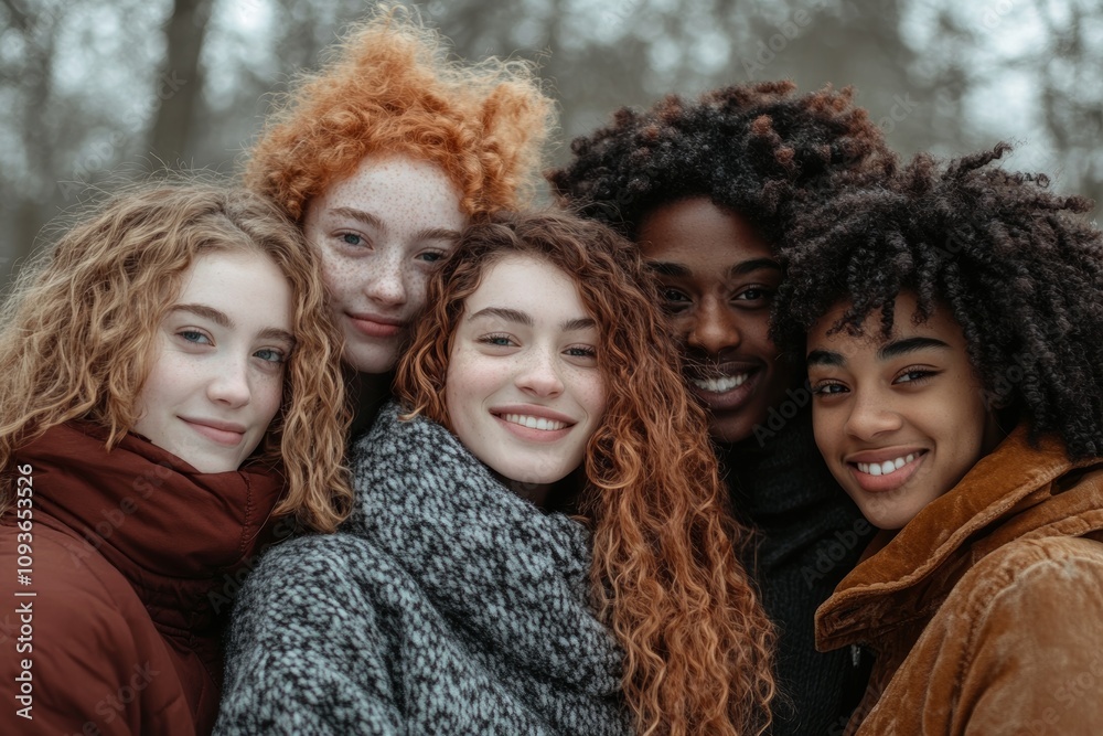 A diverse group of young friends smiling warmly together, showcasing friendship and unity in a natural outdoor setting.