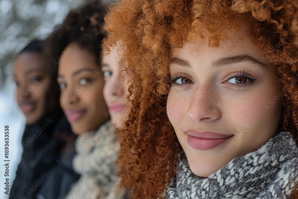 Close-up of four diverse women smiling warmly, dressed in cozy winter clothing, highlighting friendship and seasonal joy. Close-up of four diverse women smiling warmly, dressed in cozy winter clothing, highlighting friendship and seasonal joy.