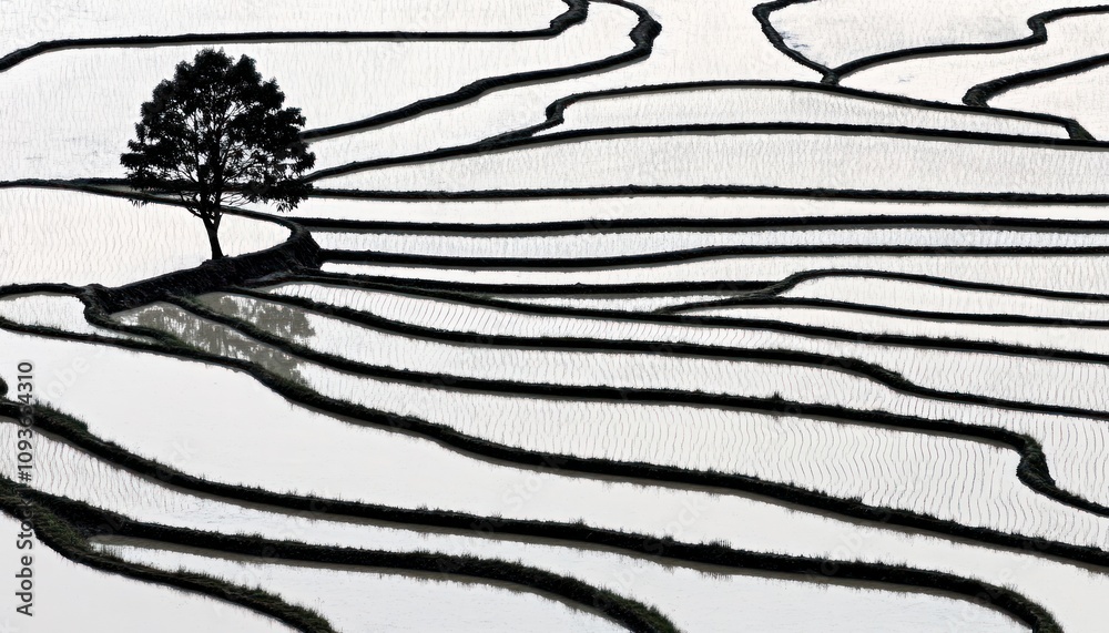 A Single Tree Standing in a Field of Rice Terraces A Single Tree Standing in a Field of Rice Terraces