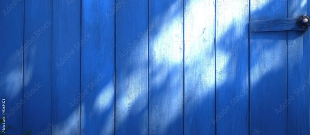 Blue Wooden Door with Light Streaks and a Metal Latch Blue Wooden Door with Light Streaks and a Metal Latch