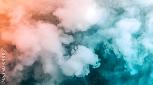 Colorful smoke clouds mixing in air: abstract art in orange and teal hues