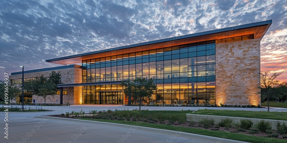Obraz premium Modern Office Building with Glass Facade at Dusk