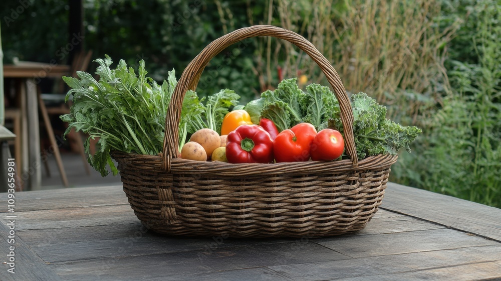 A wicker basket filled with fresh vegetables sits on a wooden table, surrounded by vibrant greenery under the afternoon sun. Generative AI A wicker basket filled with fresh vegetables sits on a wooden table, surrounded by vibrant greenery under the afternoon sun. Generative AI