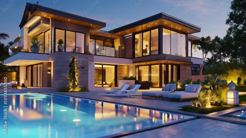 4K video rendering of modern cozy house with pool and garage for sale or rent in luxurious style and beautiful landscaping on background. light on after sunset
4K video rendering of modern cozy house with pool and garage for sale or rent in luxurious style and beautiful landscaping on background. light on after sunset