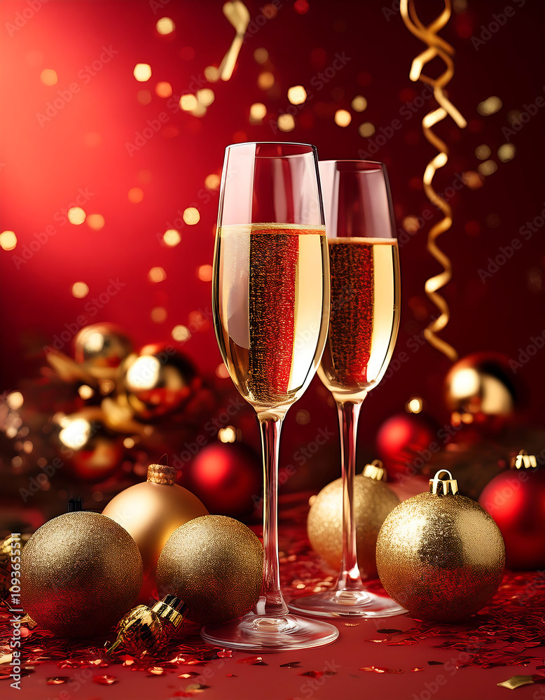 golden christmas balls confetti fill festive holiday atmosphere surrounded sparkling champagne red decorations