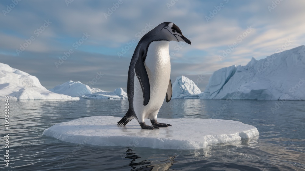 Obraz premium A lone penguin standing on a small ice floe in the middle of an Arctic landscape. The background shows a serene icy environment with large icebergs and a calm, reflecting surface of water.