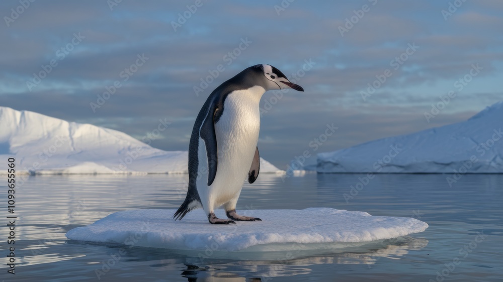 Obraz premium A lone penguin standing on a small ice floe in the middle of an Arctic landscape. The background shows a serene icy environment with large icebergs and a calm, reflecting surface of water.