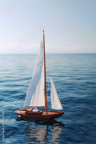 RC Sailboat Navigating Pristine Waters under a Blue Sky: Embodiment of Tranquility and Freedom