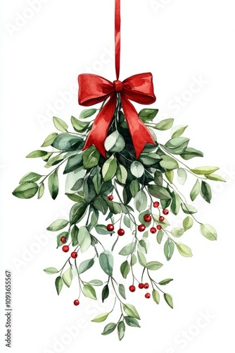 Christmas mistletoe for kisses. Cartoon clip art illustration on isolated background. Watercolour imitation. Poster or postcard design