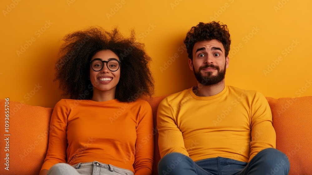 Obraz premium Joyful couple sitting on orange sofa, wearing coordinated outfits, expressing happiness and relaxation in a vibrant, colorful environment.