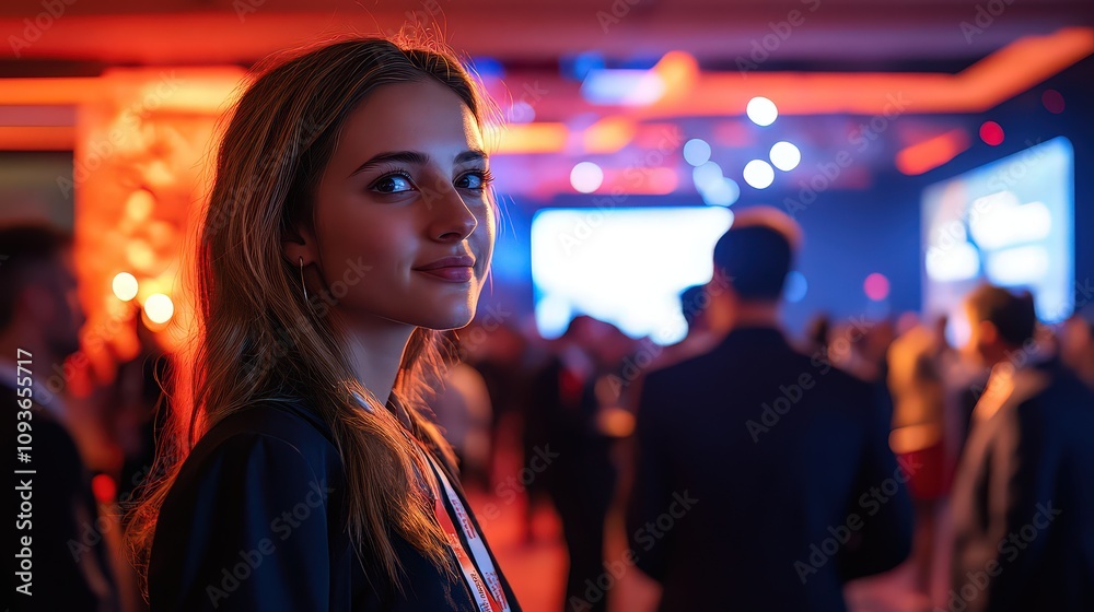  Business conference scene with attendees mingling, exchanging cards, and networking, with a presentation stage visible in the background.