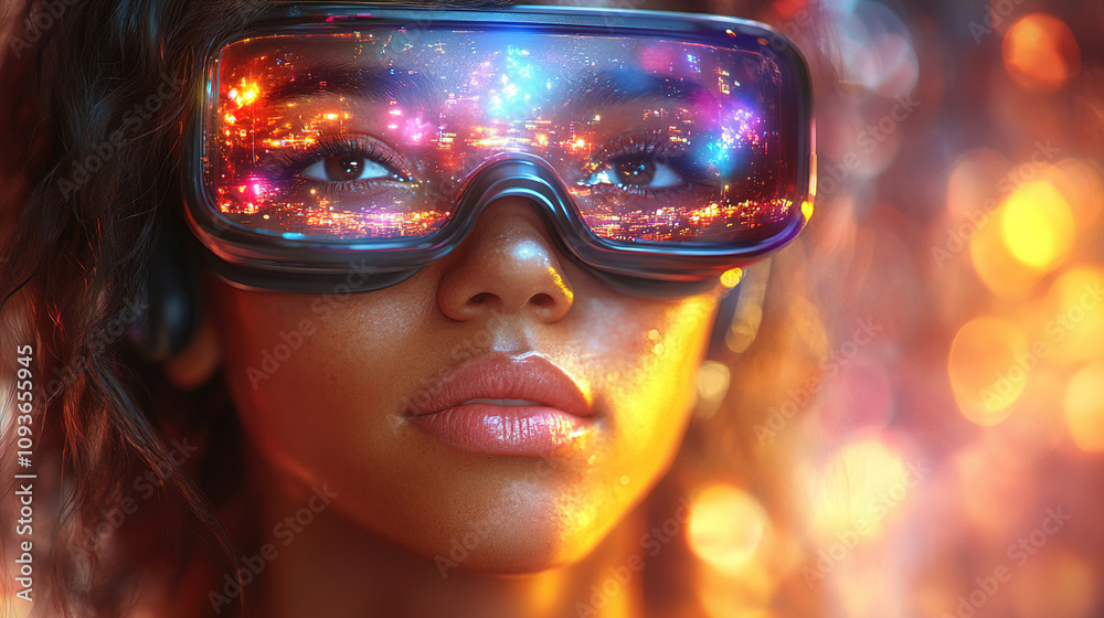 Exciting future of virtual reality technology showcased by a person wearing immersive headset with vibrant reflections. Generative AI Exciting future of virtual reality technology showcased by a person wearing immersive headset with vibrant reflections. Generative AI