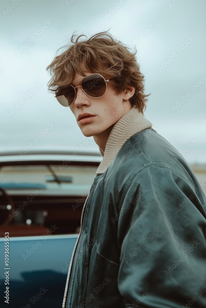 Fototapeta premium Male model sports cool vintage bomber jacket, aviator sunglasses. Trendy wolf cut hair blends modern mullet, shag styles. Stylishly positioned near retro car. Fashion editorial portrait. Casual cool