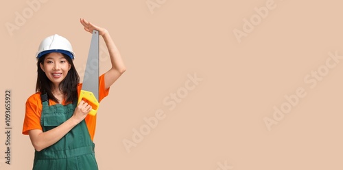 Asian woman in jumpsuit, wi...