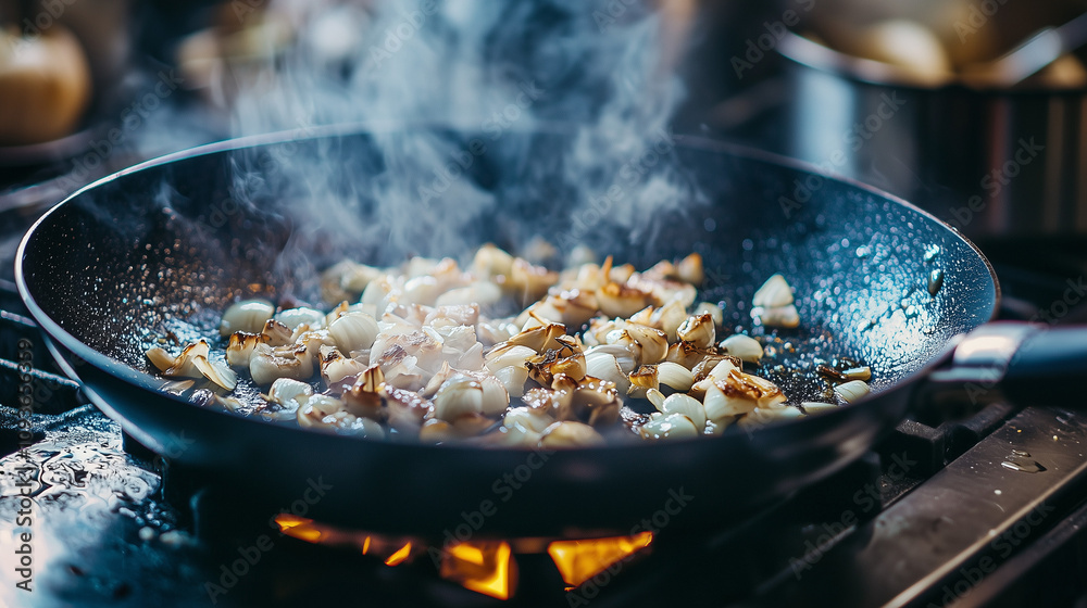 A close-up of a frying pan with sizzling garlic and onions A close-up of a frying pan with sizzling garlic and onions