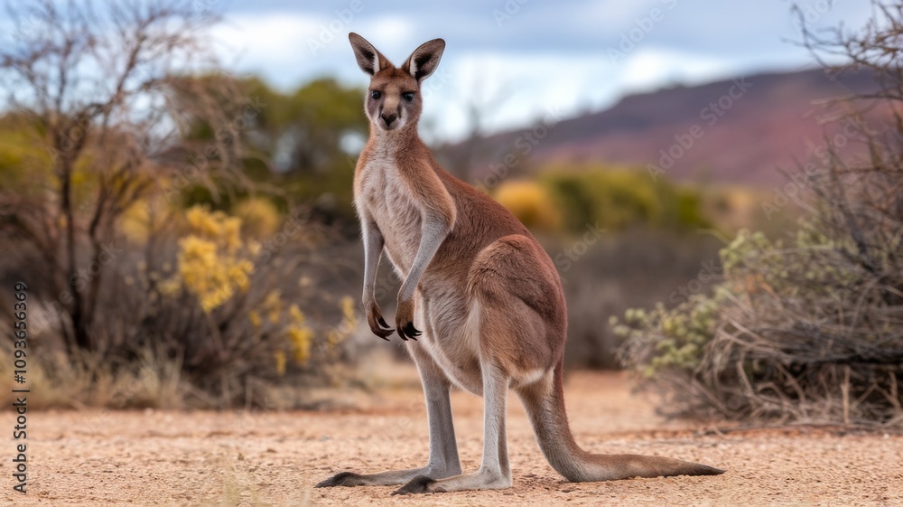 Fototapeta premium Kangaroo standing against the background of a natural arid landscape. Blurred dry bushes and trees are depicted in the background, and hills in the distance under a partially cloudy sky. 
