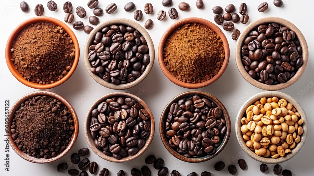 Coffee beans: Arabica, Robusta, Liberica, Excelsa, on a white background Coffee beans: Arabica, Robusta, Liberica, Excelsa, on a white background