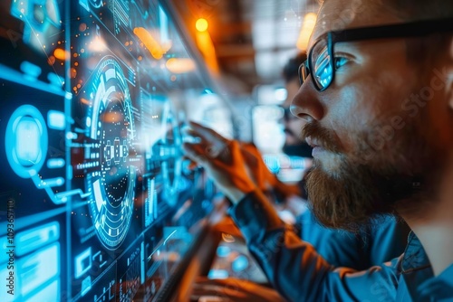 New Description: Handsome people with glasses and stylish beards analyzing holographic displays of cutting-edge AI security devices on a blueprint background