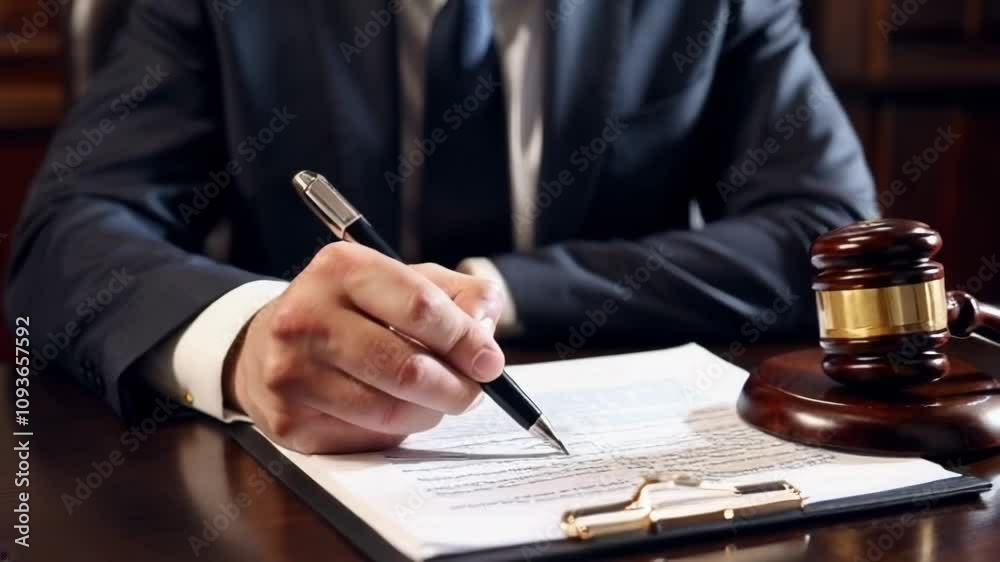 Close up of a lawyer's hands writing on legal papers at a wooden desk with a gavel.