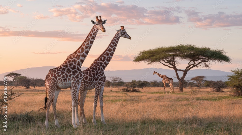 A serene African savannah at sunset. In the foreground, two giraffes are depicted standing close to each other, with their long necks and distinct spotted patterns. The atmosphere is calm and pictures A serene African savannah at sunset. In the foreground, two giraffes are depicted standing close to each other, with their long necks and distinct spotted patterns. The atmosphere is calm and pictures
