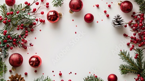 Bright Christmas frame of spruce, red & gold christmas decorations on white background. Copy space. Winter holidays, New Year.