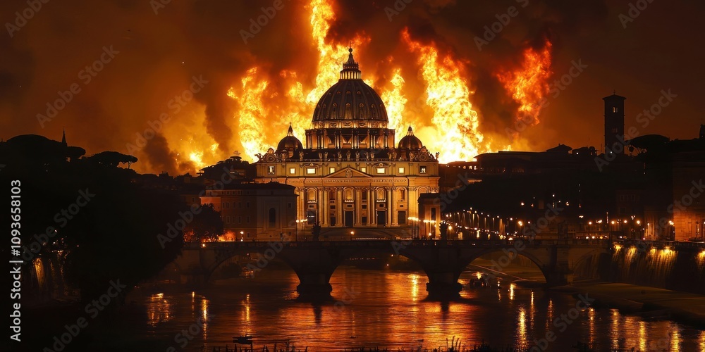 Fototapeta premium St. Peter's Basilica in Rome engulfed in flames