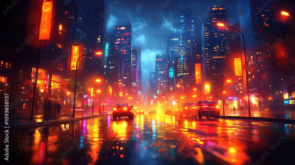 Obraz premium Urban street illuminated by neon lights and rain in a vibrant city at night. Generative AI