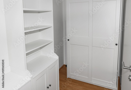 Empty shelves and drawers in modern wardrobe