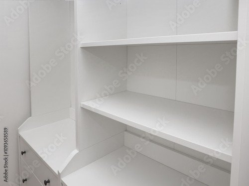 Empty shelves in modern wardrobe, closeup