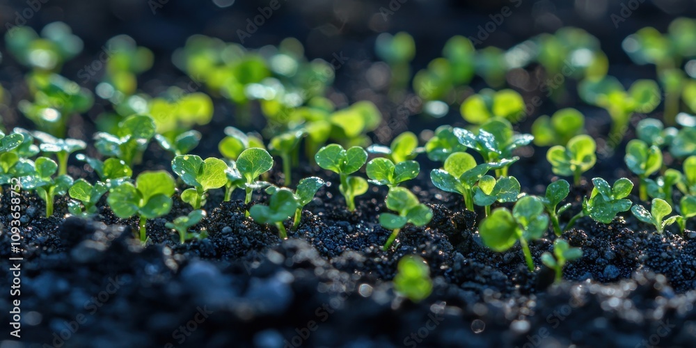 Close-up of Vibrant Green Seedlings Emerging from Dark Soil Close-up of Vibrant Green Seedlings Emerging from Dark Soil