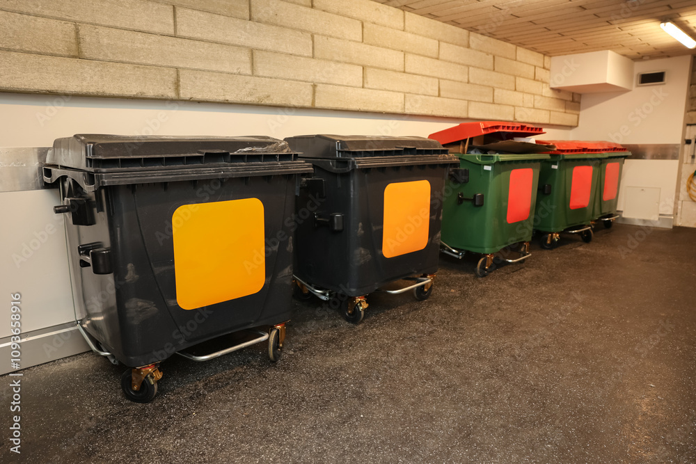 Plastic recycling containers in room Plastic recycling containers in room