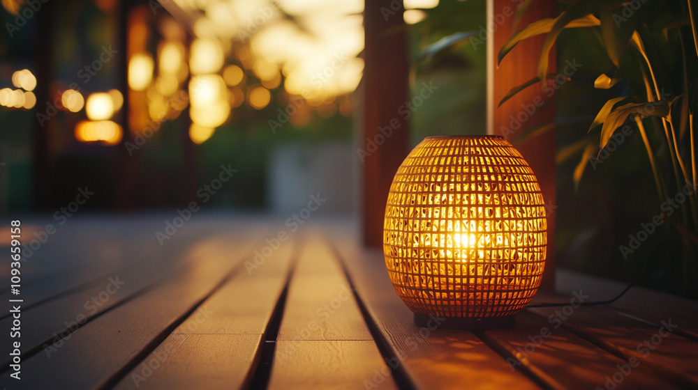 Fototapeta premium Close-up of a terrace floor lamp, casting a warm glow on the wooden deck.