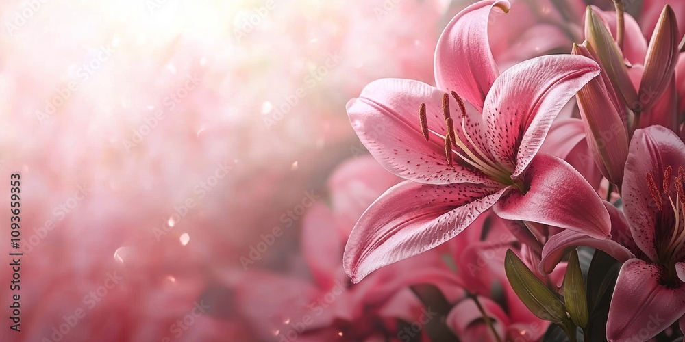 Fototapeta premium A Single Pink Lily with Blurred Background of Pink Flowers and Light
