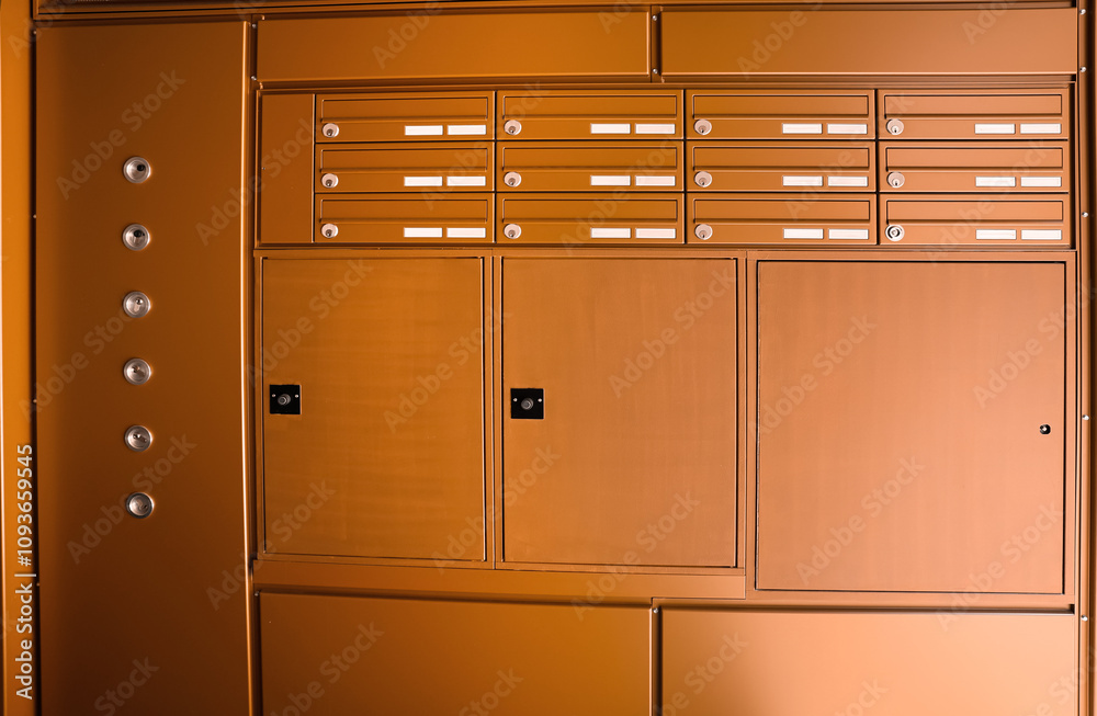 Brown mailboxes in residential building Brown mailboxes in residential building
