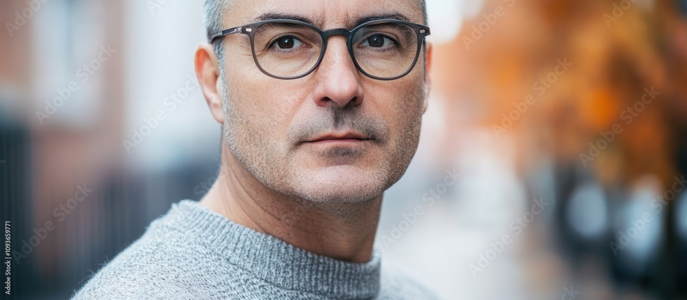 Fototapeta premium A man with glasses looking off-camera, wearing a grey sweater