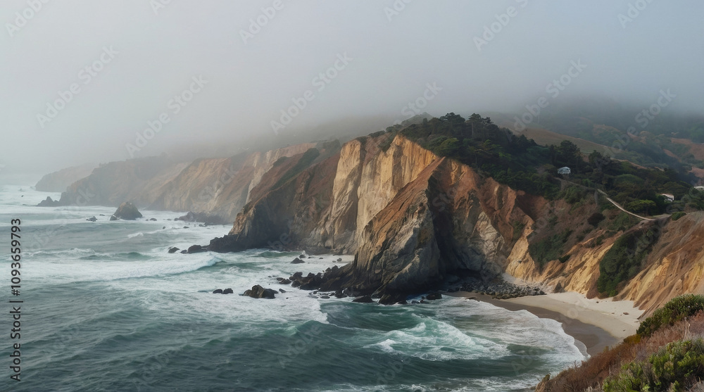 a view of cliff and water overlooking the ocean in the foggy fog a view of cliff and water overlooking the ocean in the foggy fog