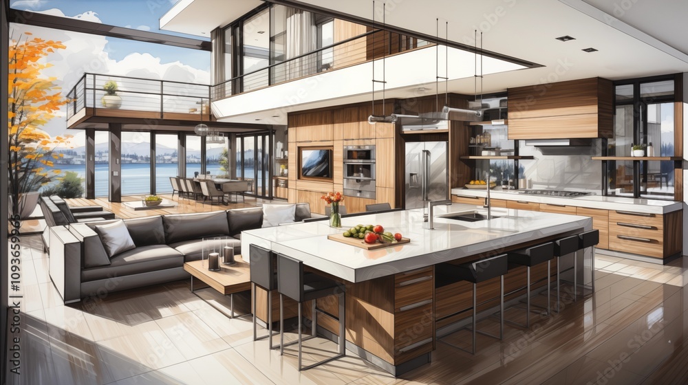 Beautiful Stylish kitchen interior sketch design in drawing with modern furniture Beautiful Stylish kitchen interior sketch design in drawing with modern furniture