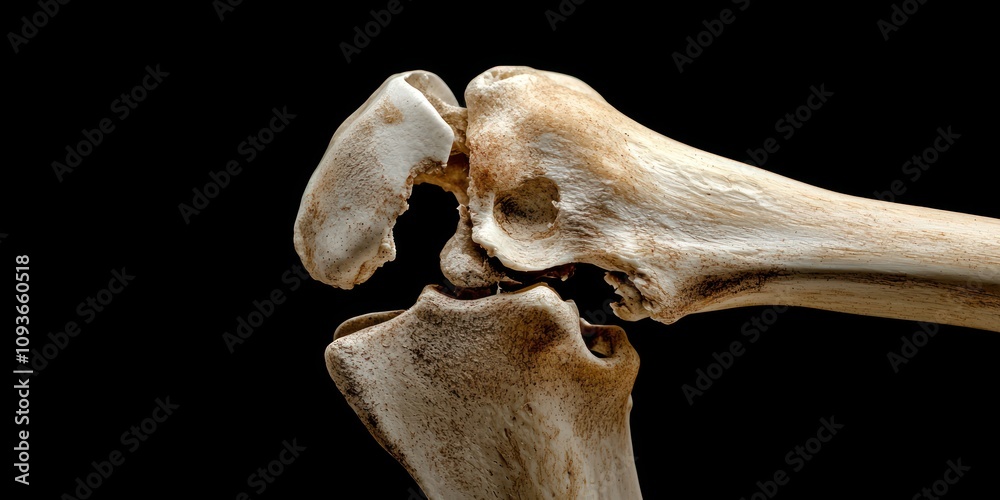 Close-up of a jointed bone with detailed texture, isolated on black background Close-up of a jointed bone with detailed texture, isolated on black background