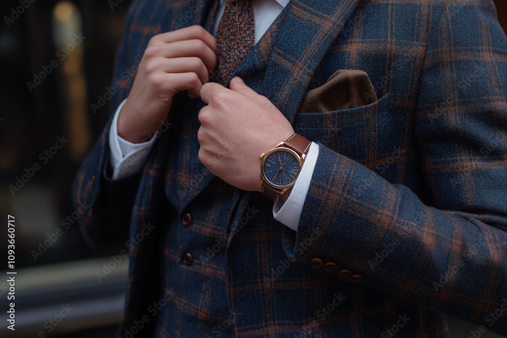 Naklejka premium Eleganter Mann mit Armbanduhr im stilvollen Anzug