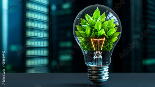 A light bulb filled with greenery symbolizes eco-friendliness and sustainable energy in a modern urban setting. photo