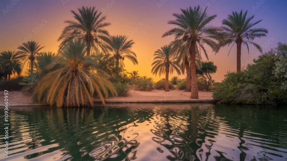 Obraz premium An oasis at sunset, palm trees above the water in the desert.