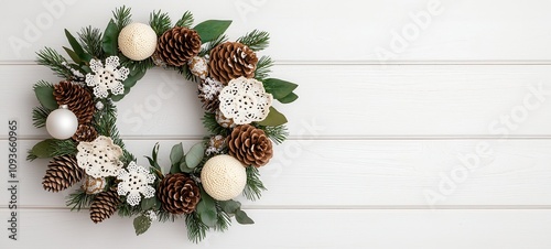 A decorative wreath featuring pastel-colored balls and pine cones, perfect for seasonal decor, vintage handmade Christmas wreath.
