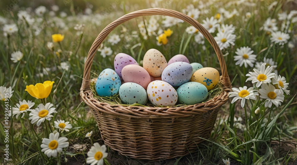 a easter eggs in a straw basket, meadow aesthetic with spring flowers a easter eggs in a straw basket, meadow aesthetic with spring flowers