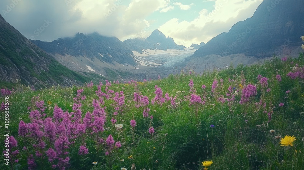 Obraz premium A field of vibrant pink wildflowers in the foreground with a majestic mountain range and a glacier in the background.