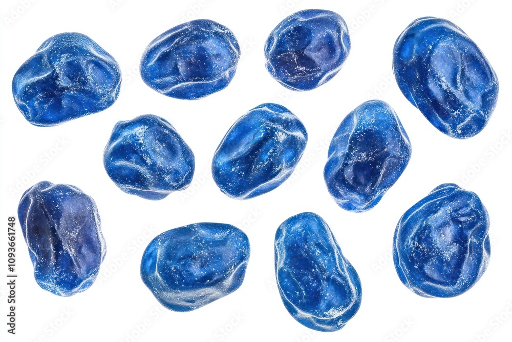Ten blue dried plums isolated on white background. Ten blue dried plums isolated on white background.