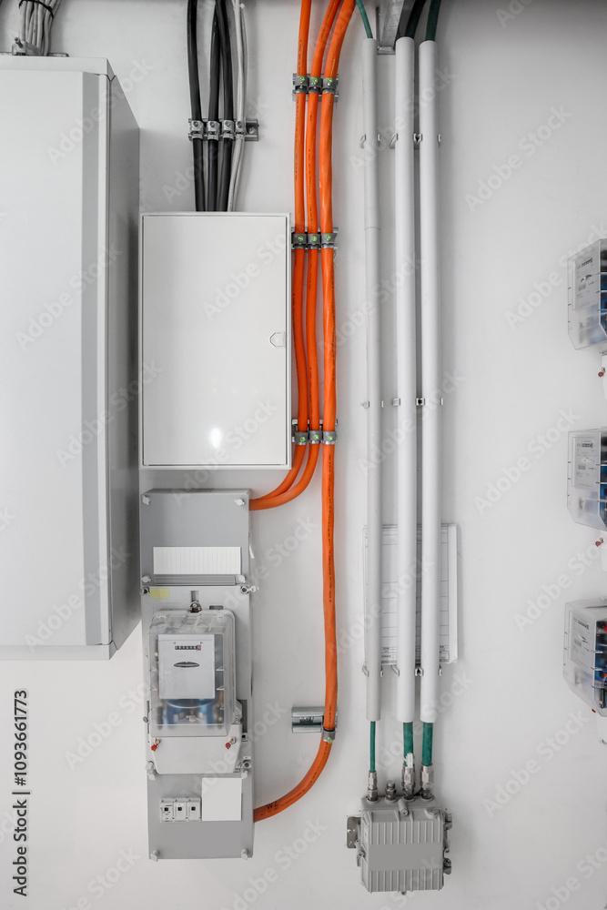 Electricity meters on light wall in room